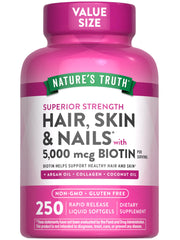 Bottle of Nature's Truth Hair, Skin & Nails Softgels with 5000 mcg Biotin, 250-count