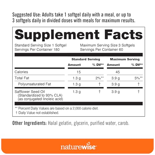 Supplement facts and potency label on NatureWise CLA 1300 packaging