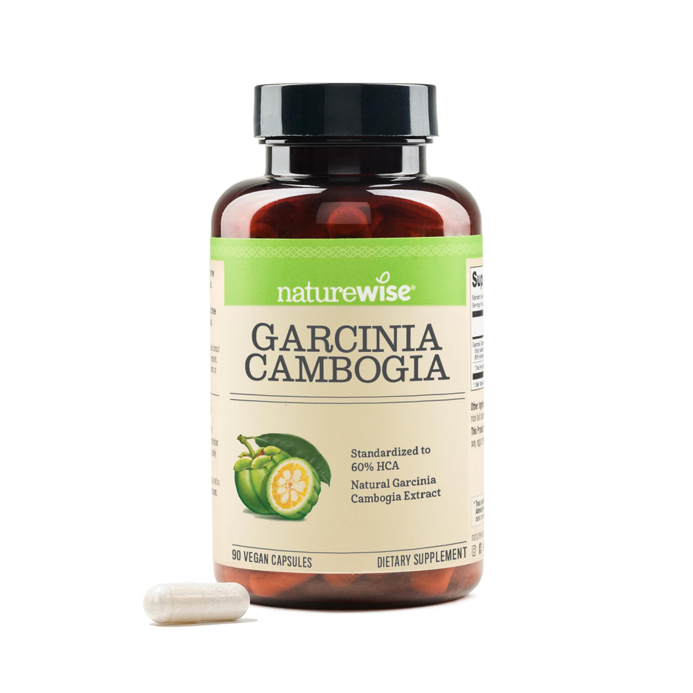 NatureWise Garcinia Cambogia bottle displaying 60% HCA and 90 vegan capsules