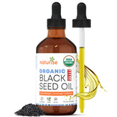 Front view of Naturise USDA Organic Black Cumin Seed Oil in a glass bottle (4 fl oz)