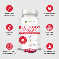 Nautical Elements Beet Root Capsules inside bottle close-up for convenient daily use.