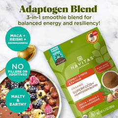 Serving scoop of Navitas Adaptogen Blend being added to a smoothie