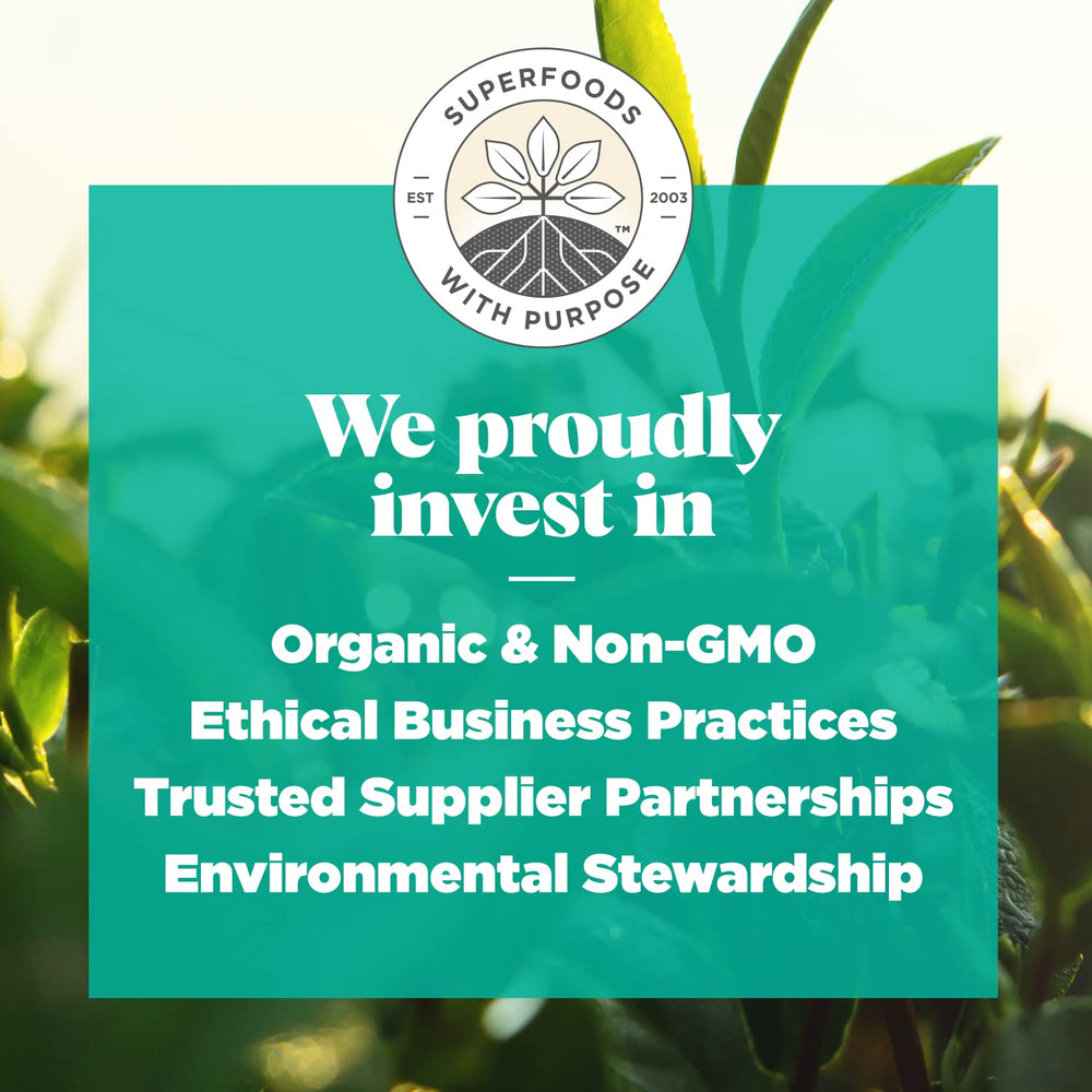 Nutrition and certifications on Navitas Organics Matcha label