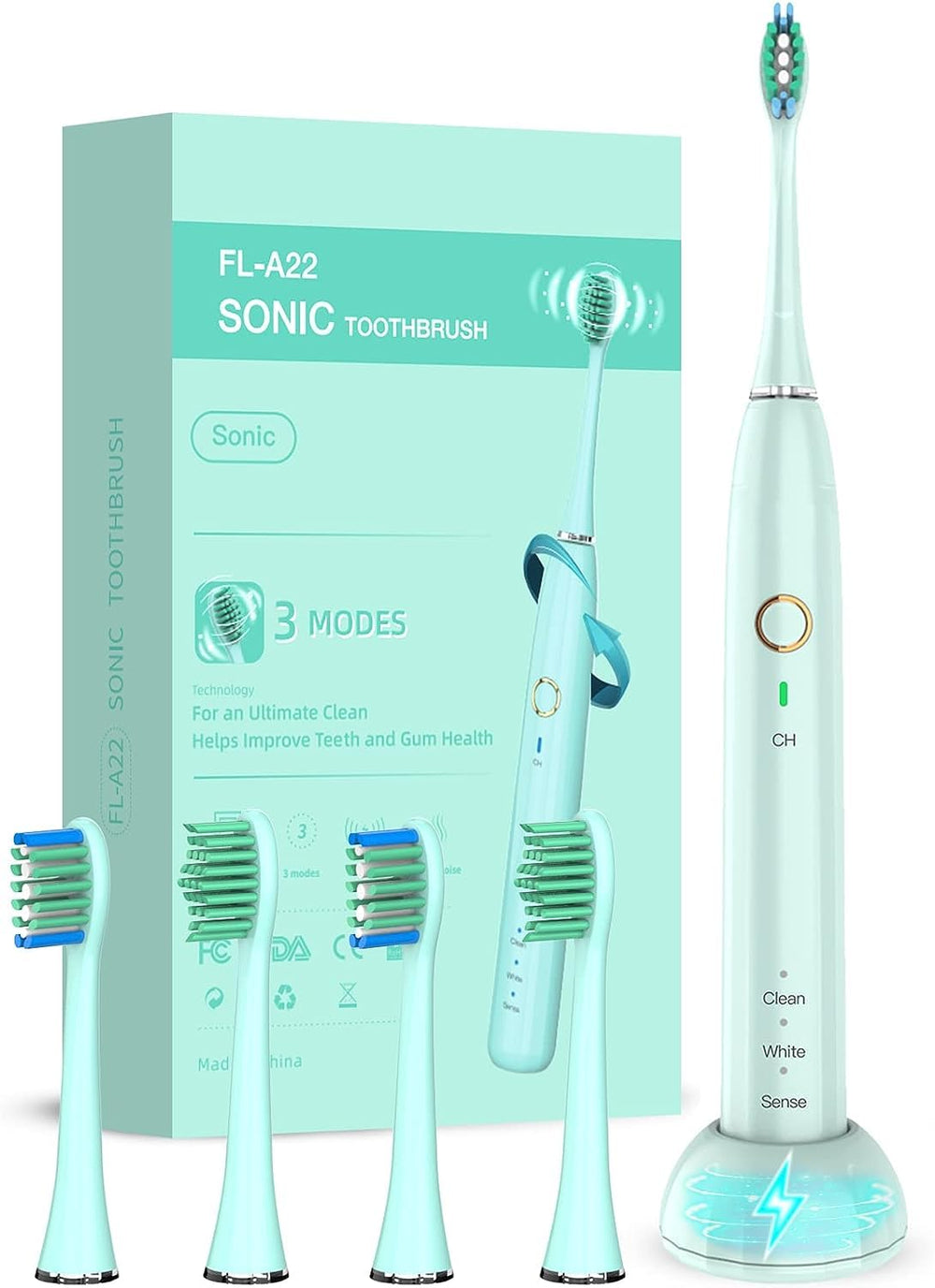Front view of NBGRLVS rechargeable sonic toothbrush in green