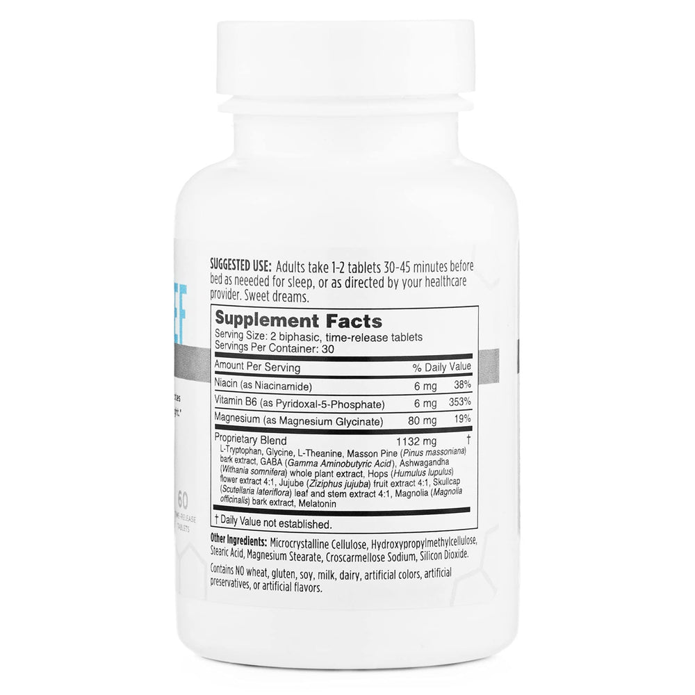 Close-up of Sleep Relief ingredients: melatonin, L-Theanine, magnesium