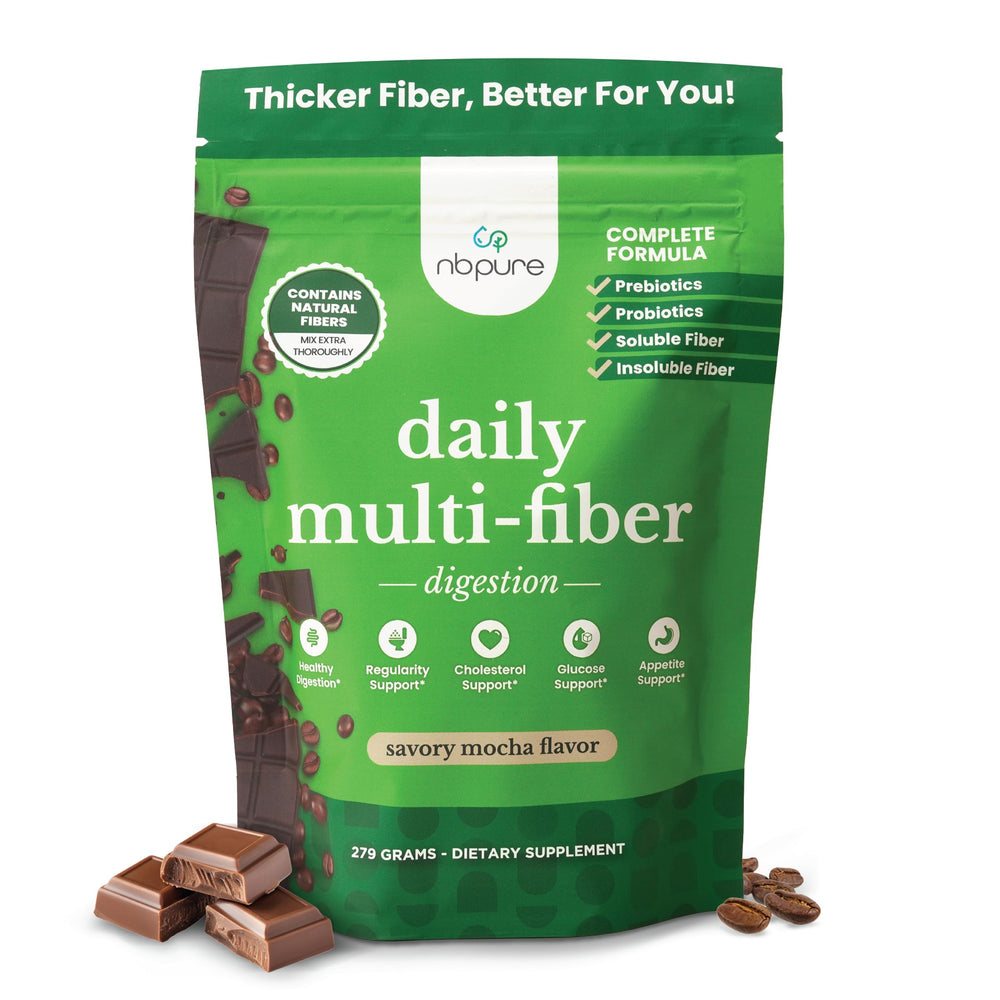 Front label of nbpure Daily Fiber Powder Savory Mocha flavor – 45 servings
