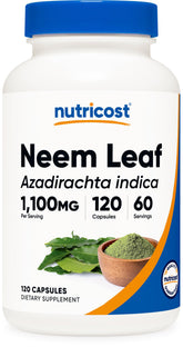 Nutricost Neem Leaf Capsules bottle label displaying 1,100 mg per serving and 120 capsules