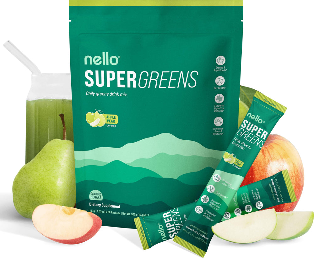 Front packaging image for Nello Supergreens Apple Pear