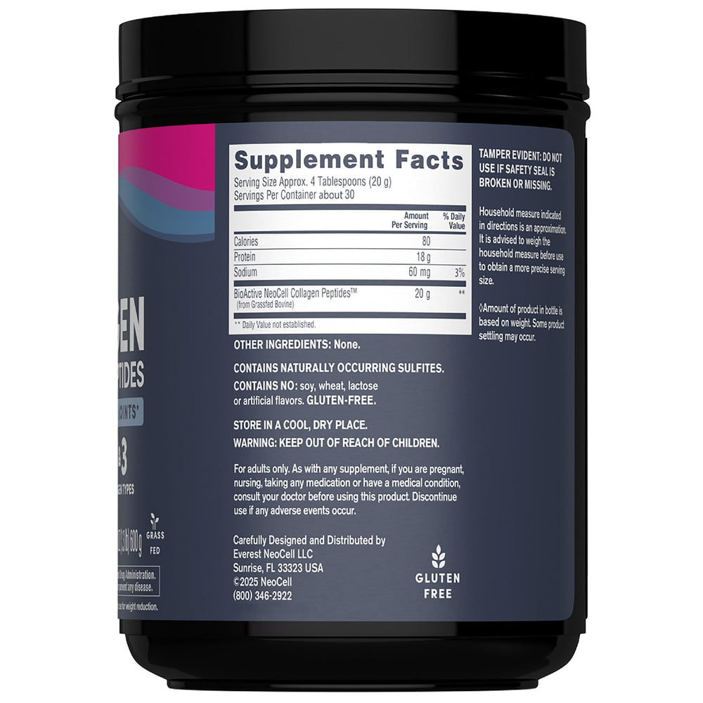 Back nutrition label on NeoCell collagen peptides canister