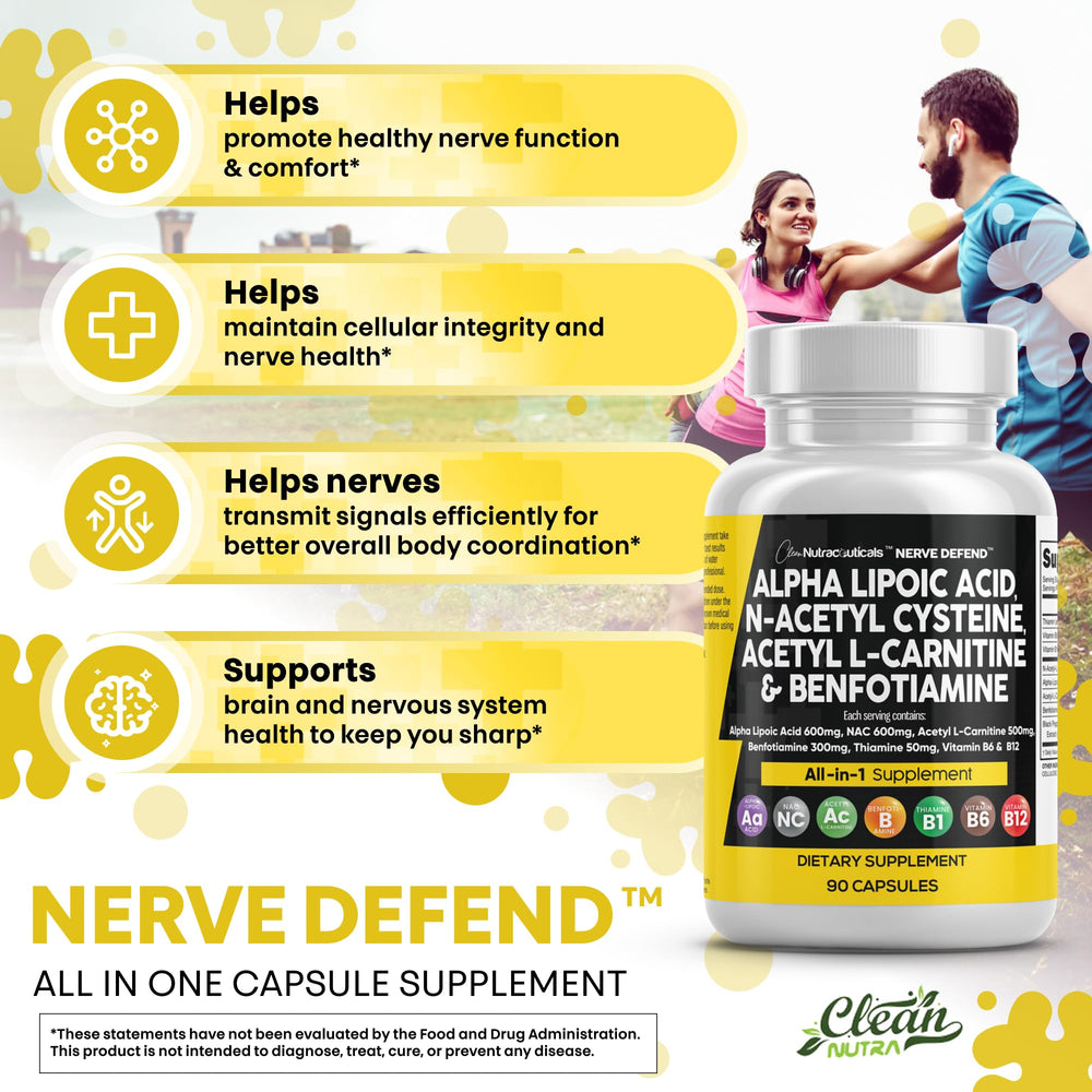 Nerve Defend bottle and packaging labeled Made in USA