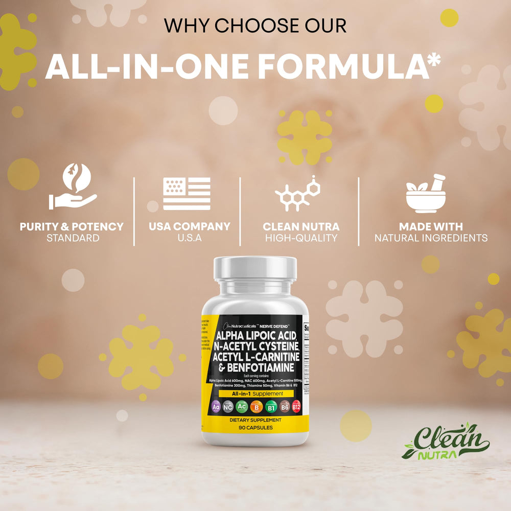 Ingredient highlights including NAC, ALA 600mg, ALC, Benfotiamine and B vitamins