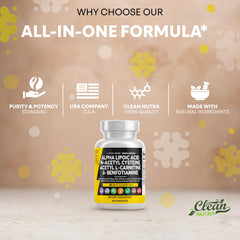 Ingredient highlights including NAC, ALA 600mg, ALC, Benfotiamine and B vitamins