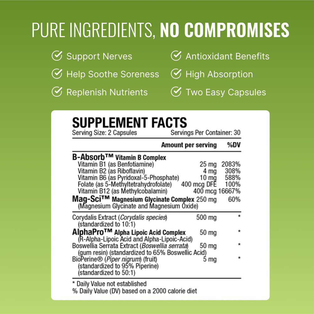 Nervprin blends: B-Absorb Vitamin B Complex, Mag-Sci Magnesium Complex, AlphaPro Alpha Lipoic Acid Complex