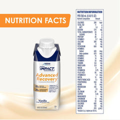 Nutrition facts label for IMPACT Advanced Recovery Immunonutrition Vanilla 8.45 oz