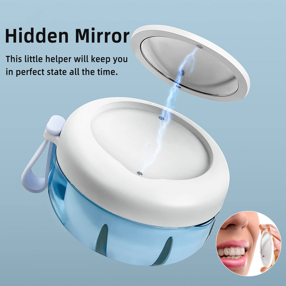 Magnetic hidden mirror and dual-head brush for cleaning dentures