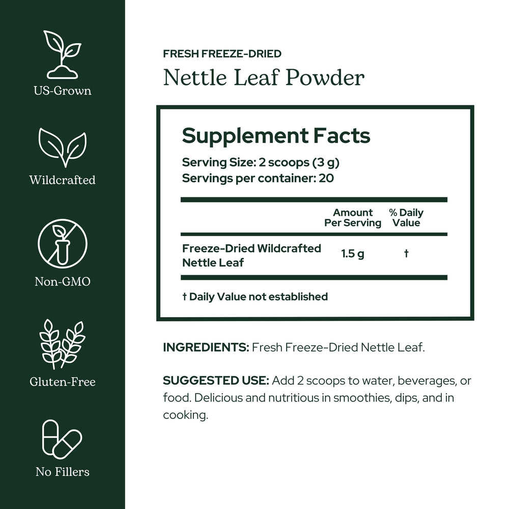 Close-up of nettle leaf powder indicating fine green powder for immune support.