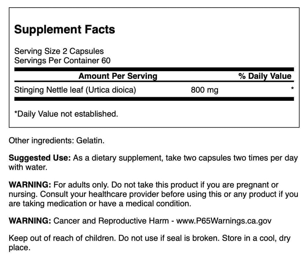 Close-up of Stinging Nettle Leaf (Urtica dioica) ingredients label