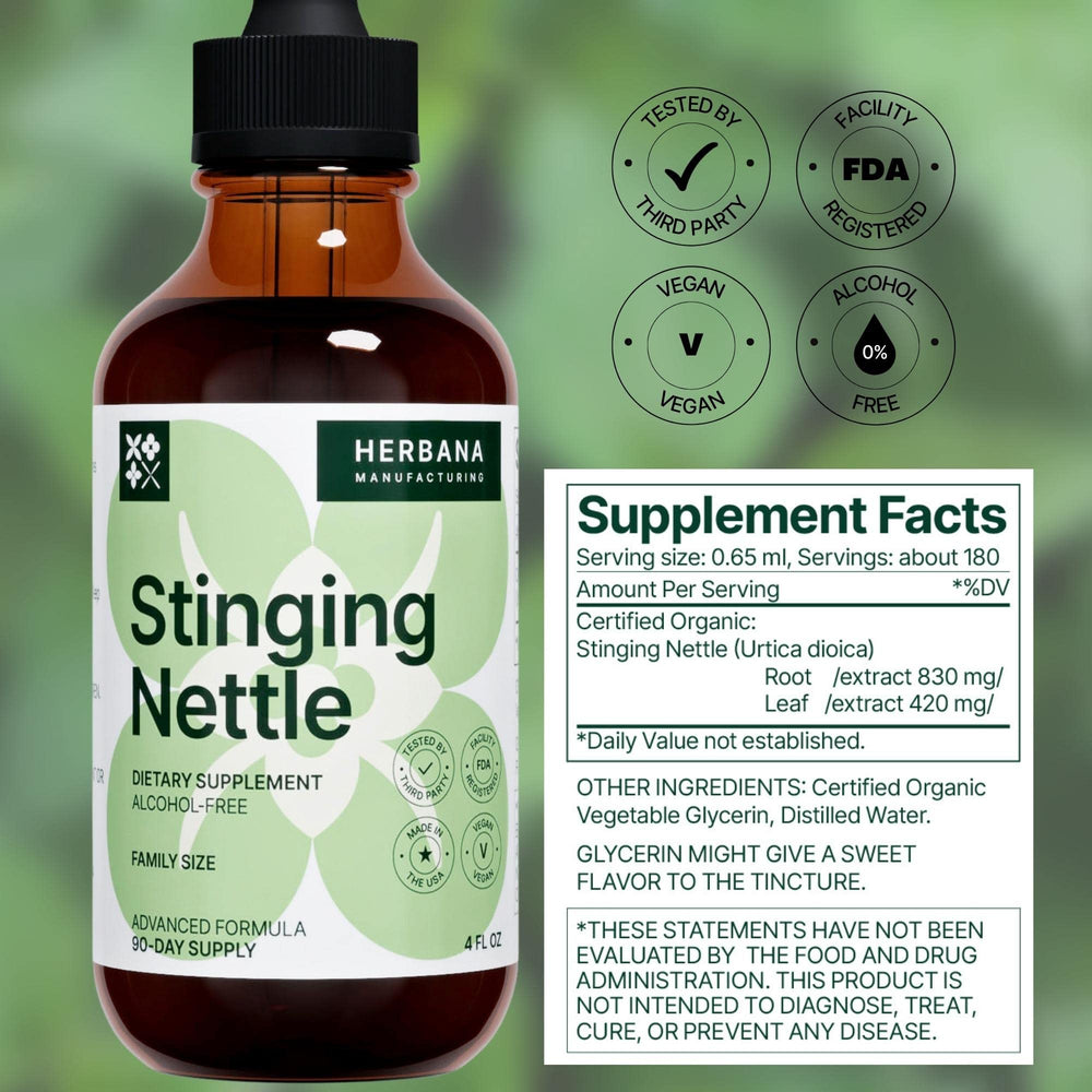 Nettle liquid extract bottle displaying USA-made label