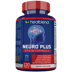 Front view of Neuro Plus bottle with label showing 120 capsules