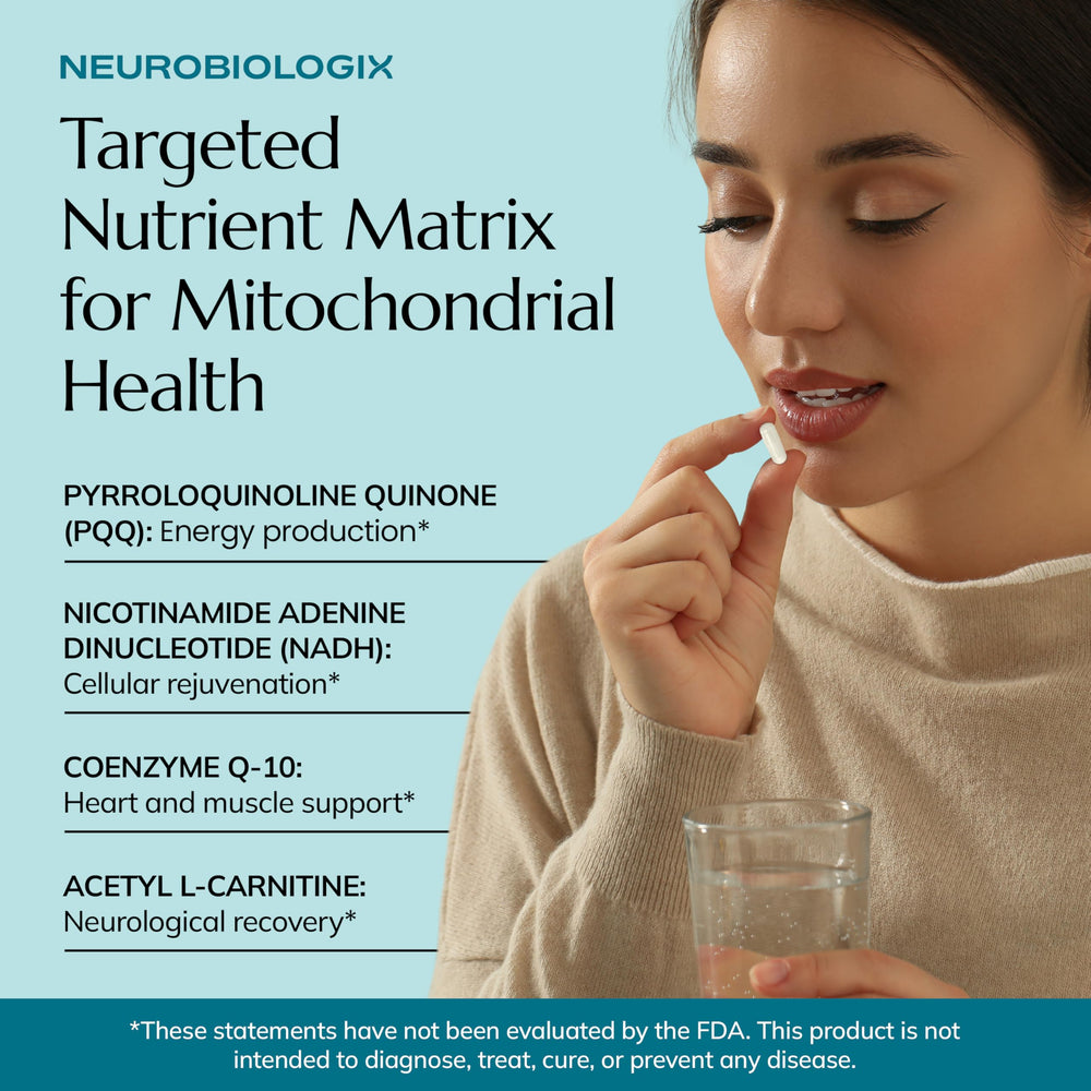 Neurobiologix Mito Cell ingredients graphic highlights Vitamin C and antioxidants for cellular wellness.