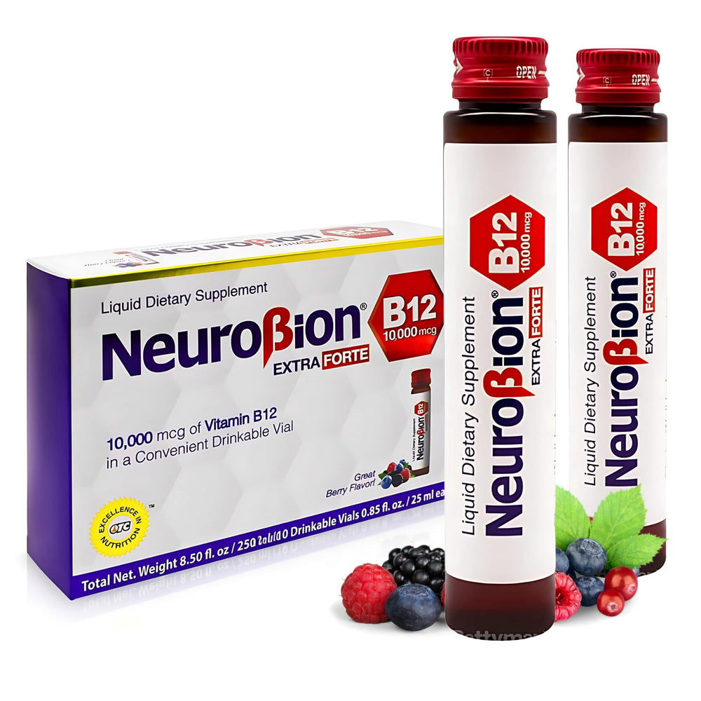 Close-up of Neurobion B12 10,000 mcg vial label