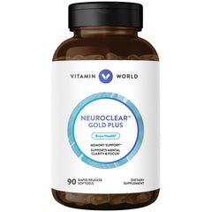 Bottle of NeuroClear Gold Plus 90 rapid-release softgels