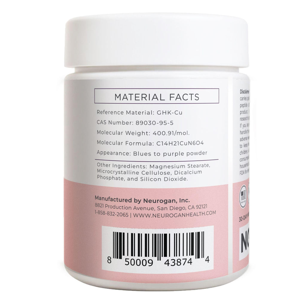 Close-up of Neurogan Copper Peptide Tablets label