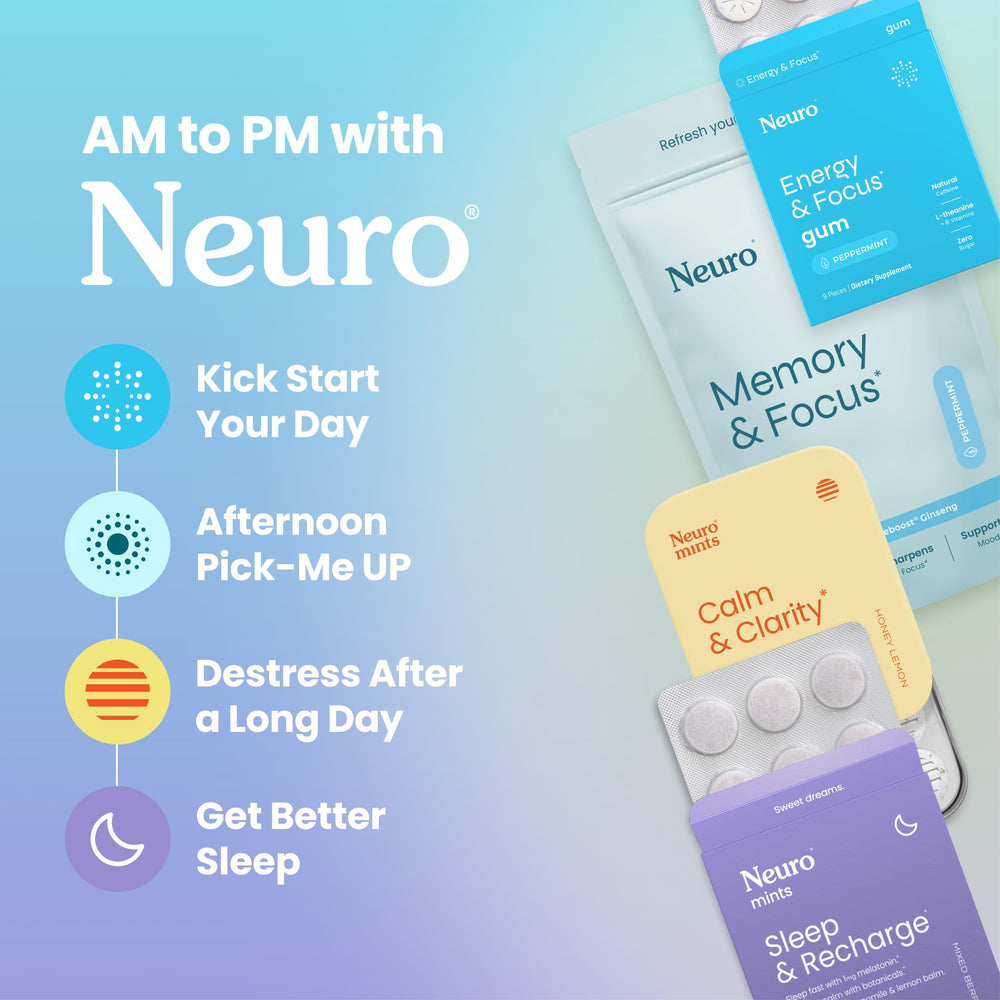 Product packaging and interior view of NeuroGum 90-count bag