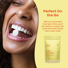 Lifestyle shot showing NeuroGum Calm & Clarity Mints in a pocket-sized form