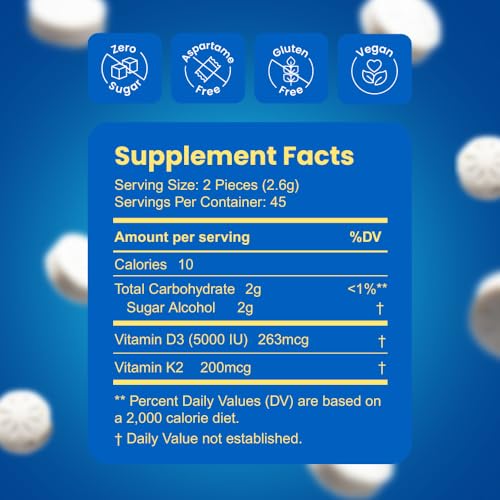 Nutritional label showing 5,000 IU Vitamin D3 and 200 mcg K2 (MK-7)
