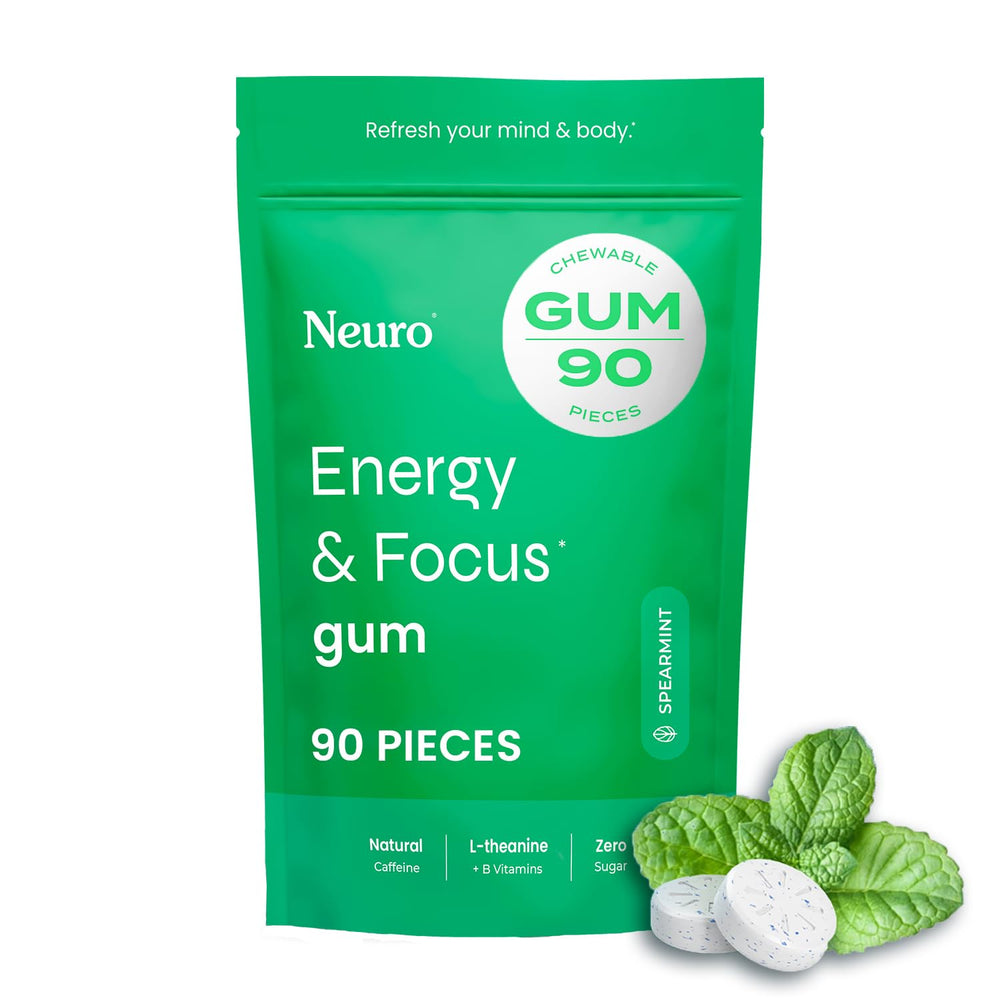 Front view of NeuroGum Energy & Focus Gum 90-count Spearmint package