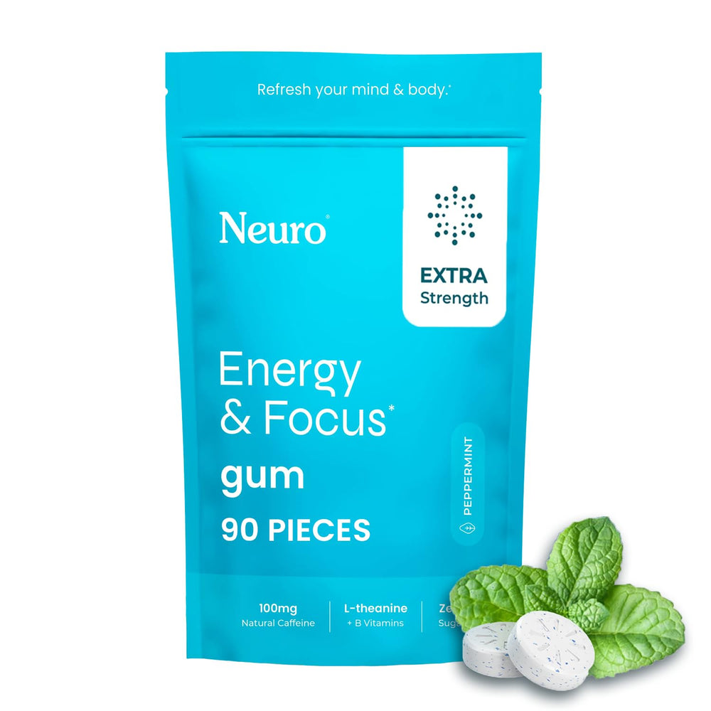 Front packaging of NeuroGum Extra Strength Energy & Focus Peppermint 90 Count