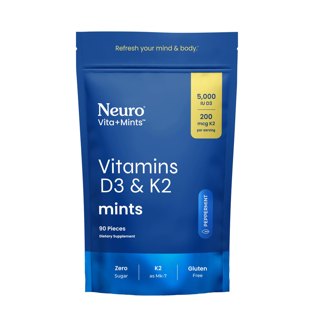 Bottle of NeuroGum Vita-Mint D3+K2 Mints in Peppermint flavor, 90 pieces