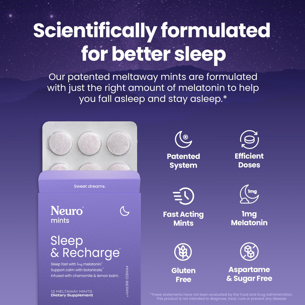 Packaging and bottle of NeuroGum Sleep & Recharge Meltaway Mints