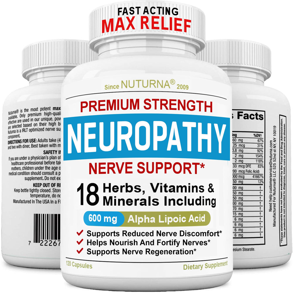 Neuropathy Support Nerve Supplement bottle with 600 mg Alpha Lipoic Acid (ALA) - 120 capsules