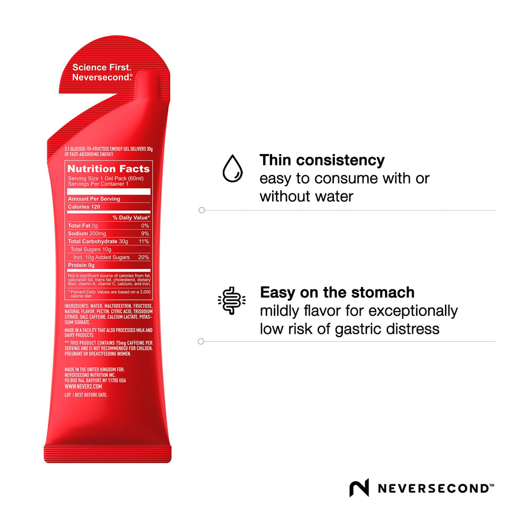 NeverSecond C30+ gel emphasizes electrolyte delivery with 200 mg sodium.
