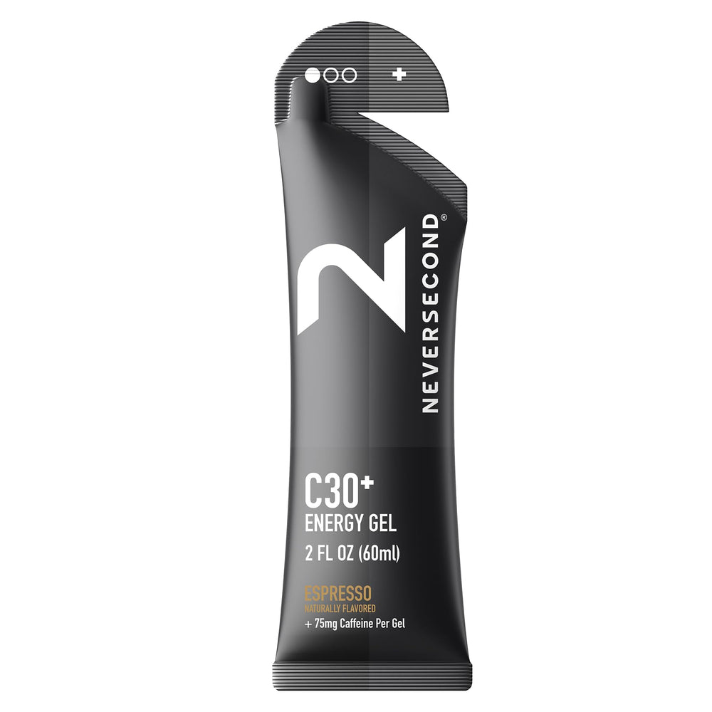 NeverSecond C30+ Espresso gel pack closeup showcases fast energy delivery during workouts.