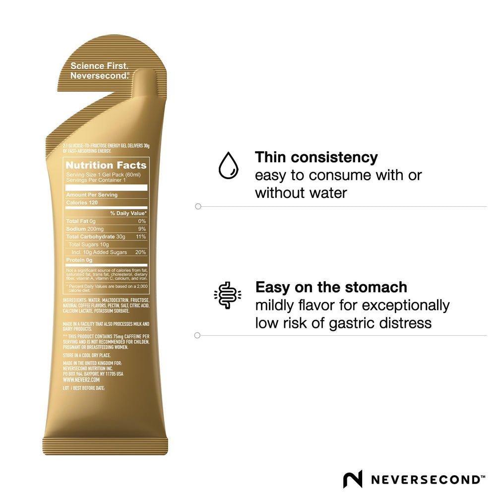 NeverSecond C30+ Espresso gel serving out of pack ideal for on-the-go fueling.