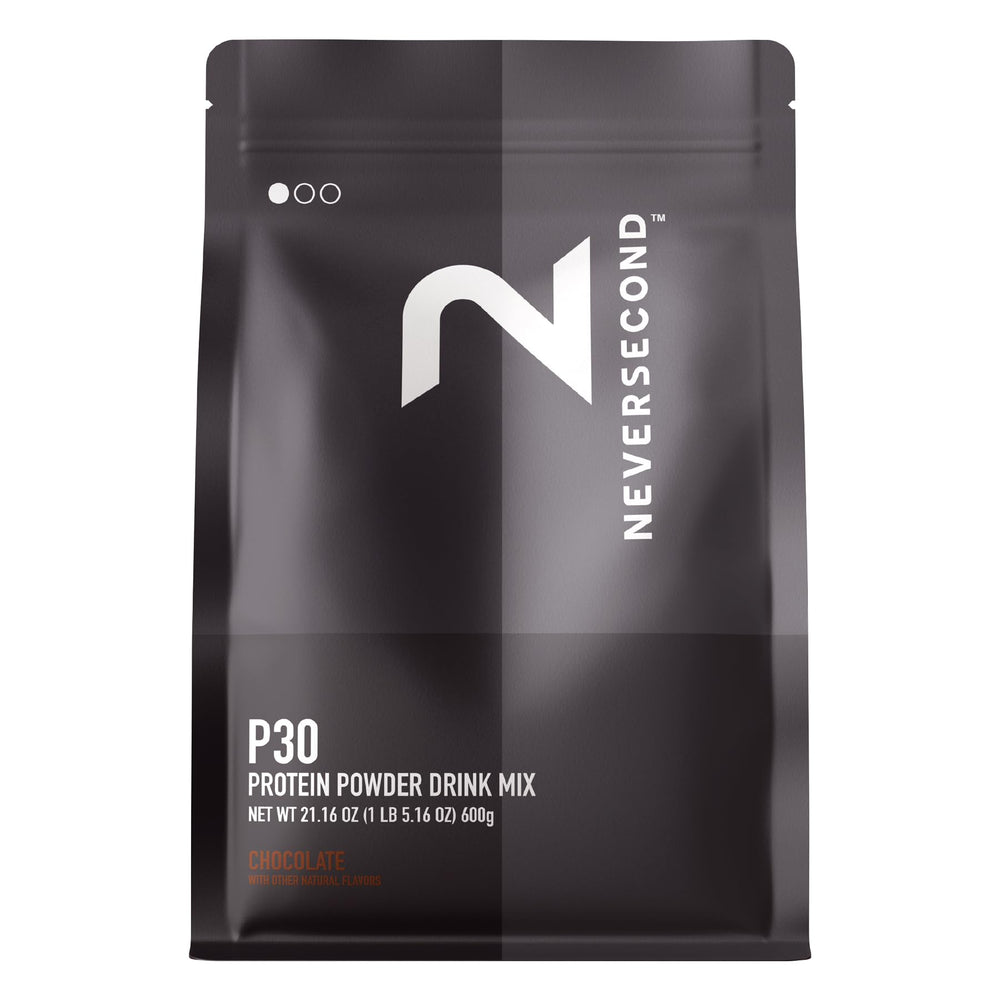 NeverSecond P30 Recovery Drink Mix chocolate served in glass for post-workout recovery