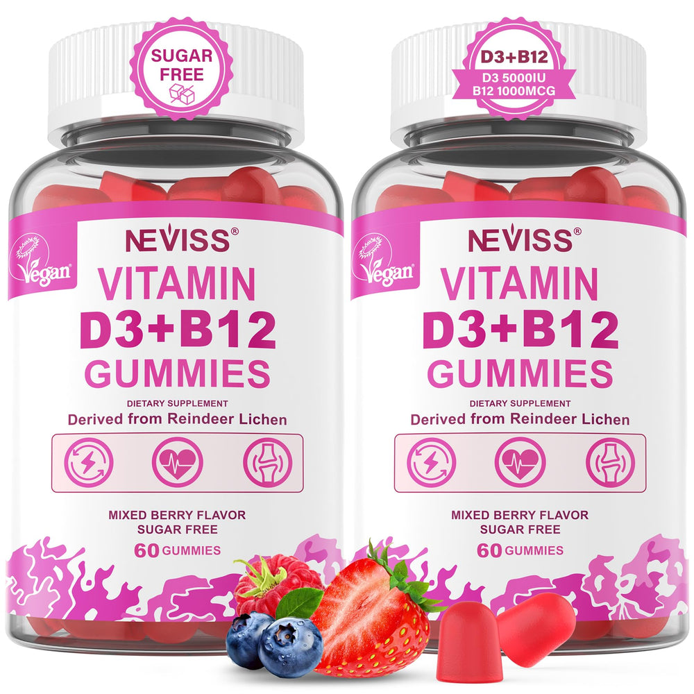 NEVISS 2Pack vegan D3 + B12 gummies bottle front