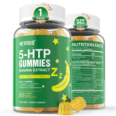 NEVISS 5-HTP Gummies + GABA bottle with banana-flavored gummies