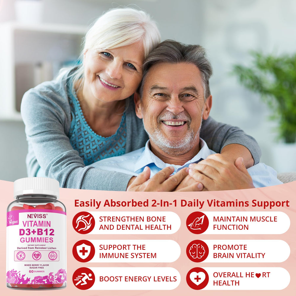 Nutrition facts panel for NEVISS D3 + B12 gummies