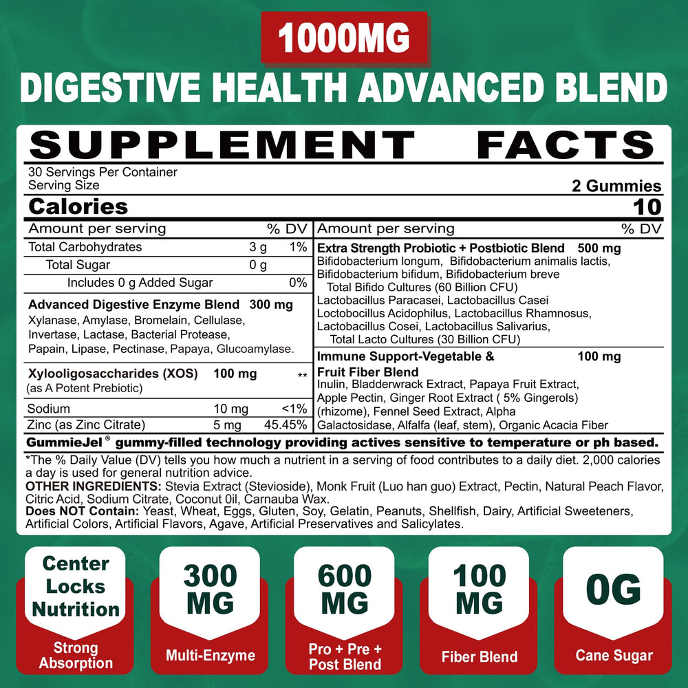NEVISS Digestive Enzymes Gummies bottle back label with nutrition facts