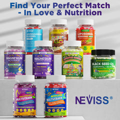 NEVISS gummies on table with glass illustrate sugar-free, easy-to-chew nightly option