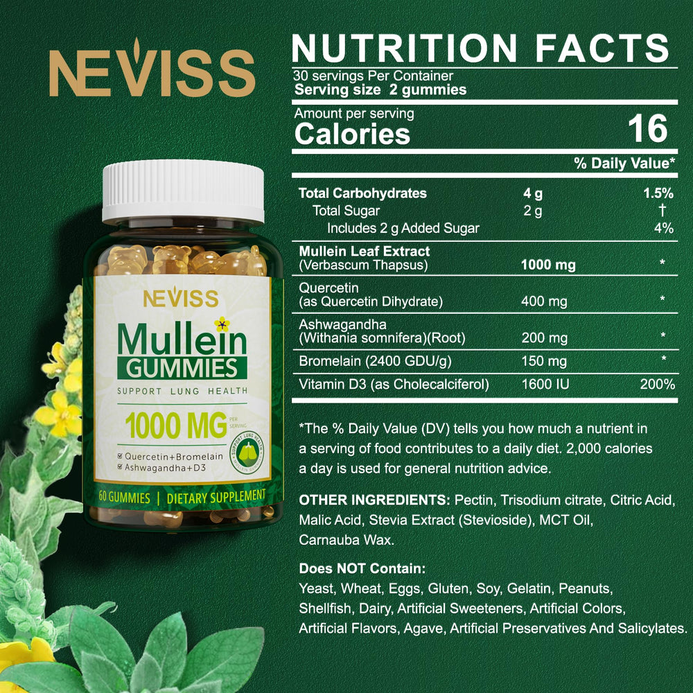 Back nutrition panel of Neviss Mullein Gummies bottle
