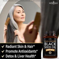 Ingredients and supplement facts label for New Age Black Seed Oil Softgels