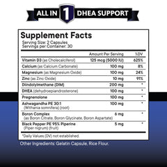Close-up of DHEA capsules with DIM, Boron and Vitamin D3 ingredients