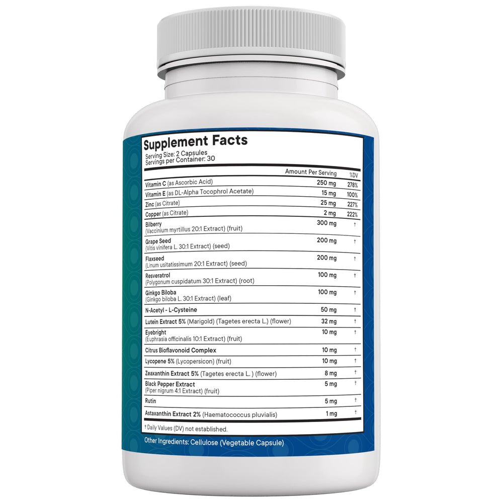 Packaging and bottle details of New Age Eye Health Vitamins