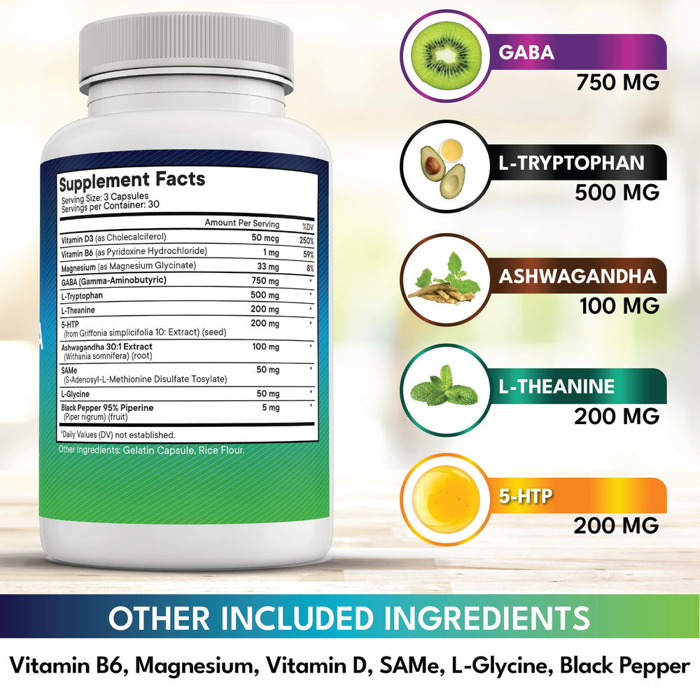 Graphic showing key ingredients: GABA, L-Theanine, 5-HTP, L-Tryptophan, Ashwagandha, SAM-e, L-Glycine.