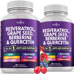 Front view of NEW AGE Resveratrol Berberine Grape Seed Quercetin Polyphenol supplement bottle